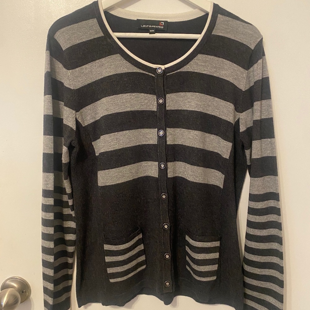 Laura Petites Two-tone Grays Striped Cardigan Sweater Size M
